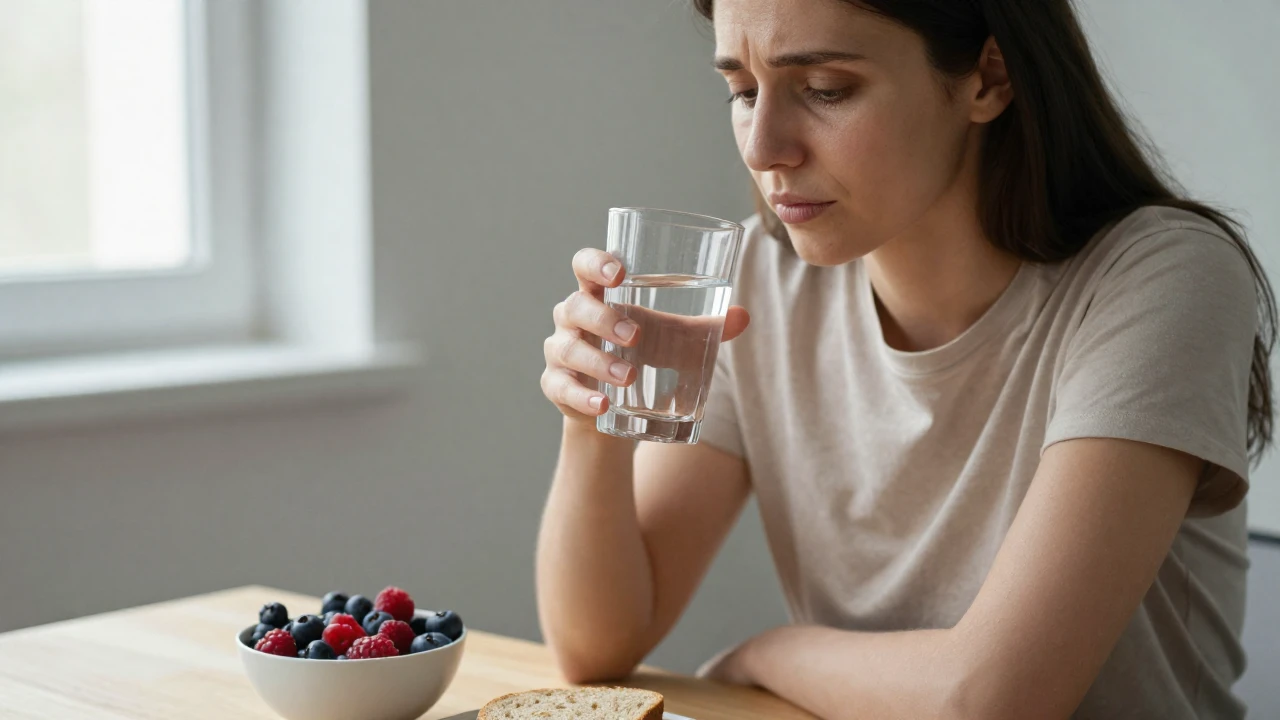 Mujer con aspecto cansado sosteniendo un vaso de agua junto a frutas y pan integral.