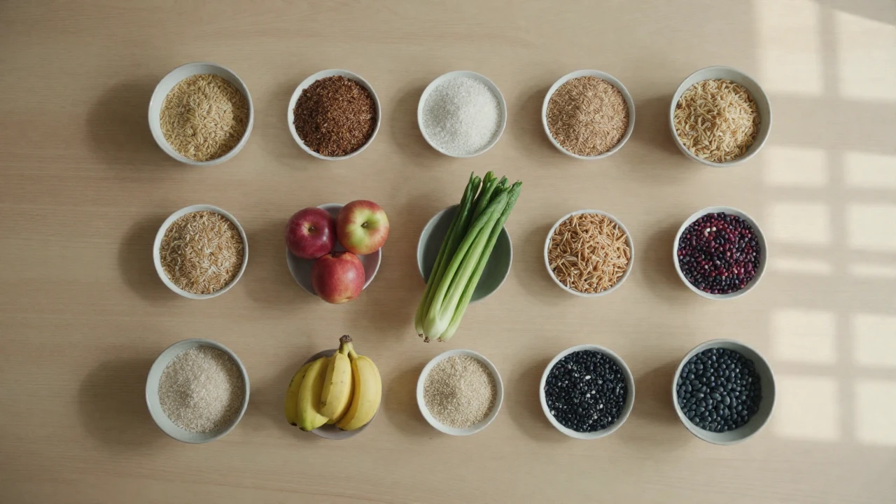 Variedad de alimentos ricos en fibra, como frutas, verduras y legumbres, sobre una mesa de madera.