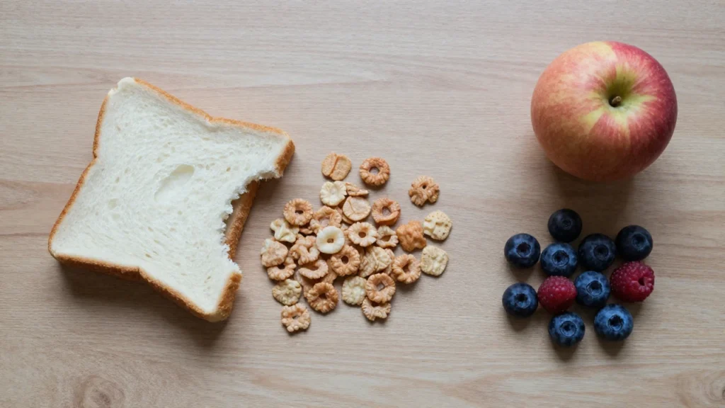 Alimentos poco saludables como cereales y pan blanco contrastan con frutas frescas sobre una mesa.