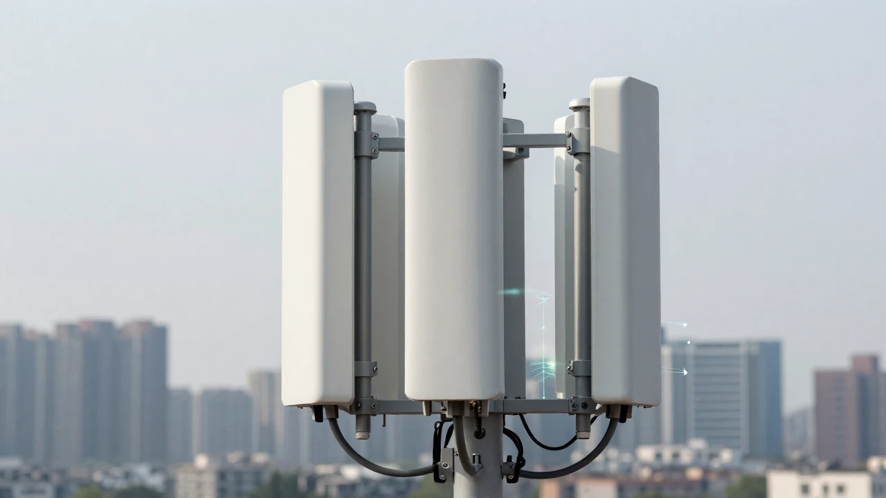 Antena 5G en primer plano con silueta urbana difusa al fondo.