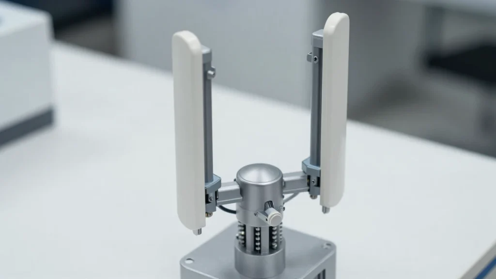 Maqueta de una estación base 5G avanzada sobre una mesa de laboratorio blanca.