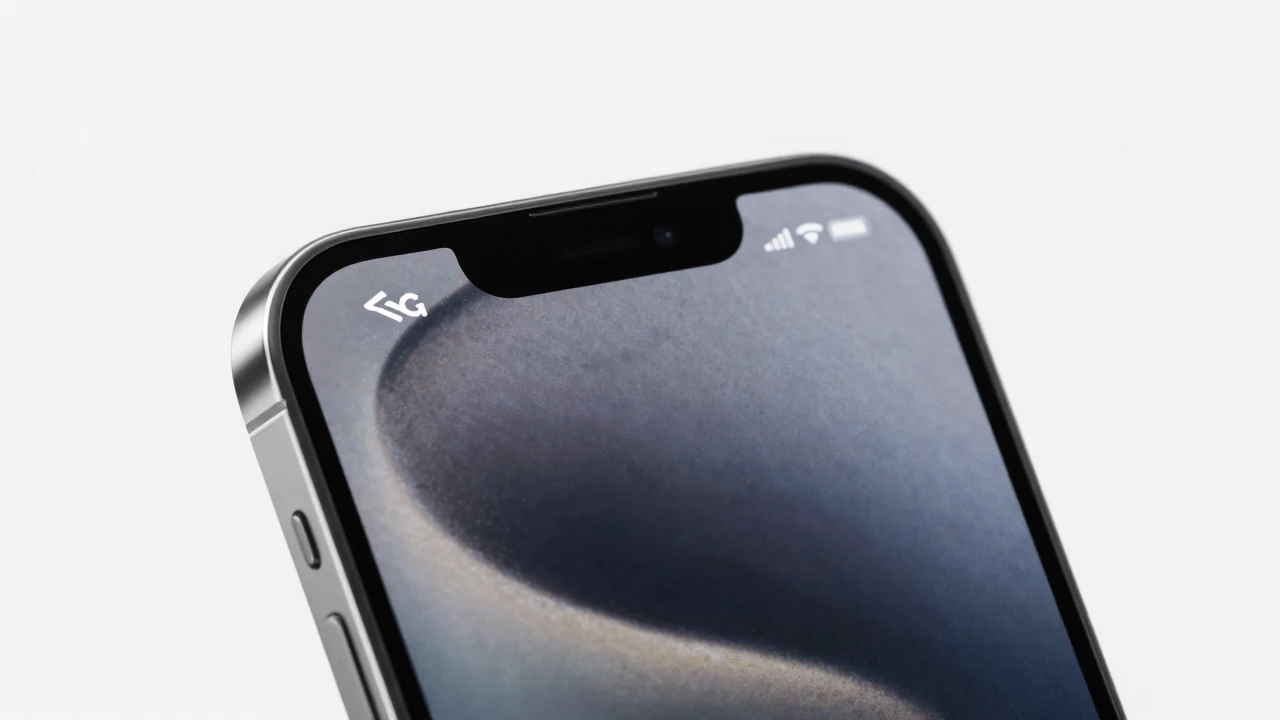 Teléfono inteligente moderno mostrando una conexión de red 5G con señal completa.