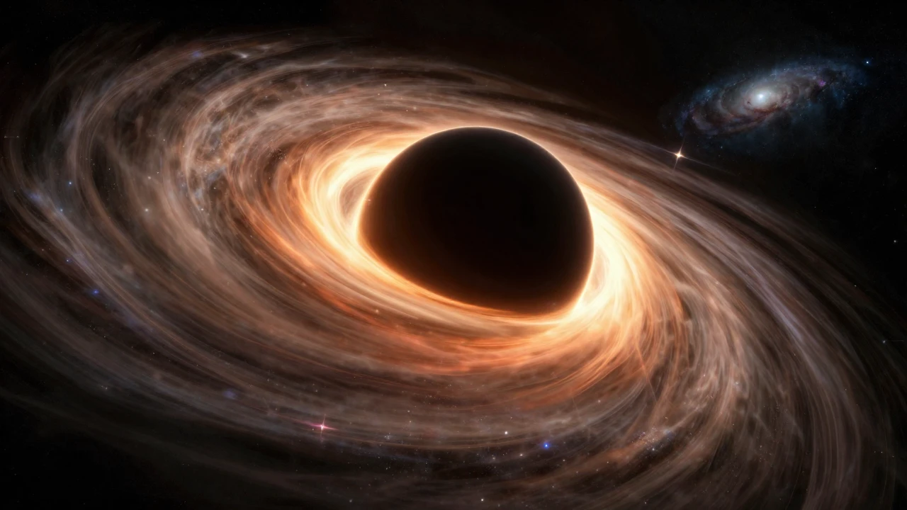 Un agujero negro supermasivo rodeado de un disco de acreción brillante y distorsiona la luz.