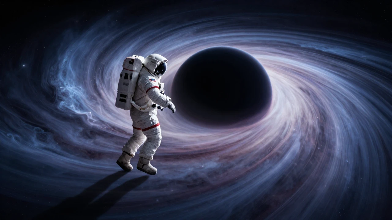 Astronauta en avanzada nave espacial se acerca al disco de acreción de un agujero negro supermasivo.