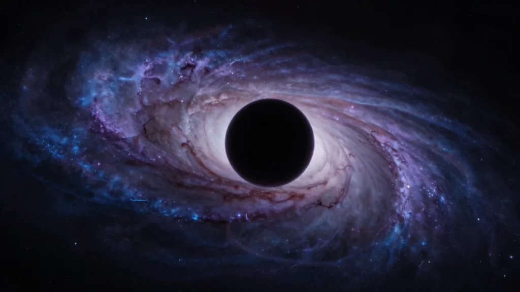Galaxia espiral distante con un agujero negro central rodeado de un disco de acreción.