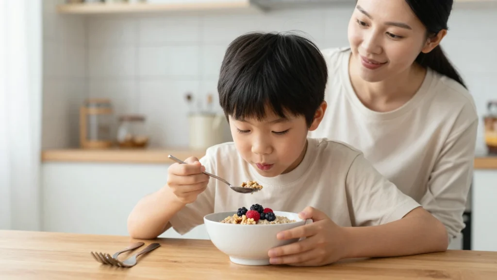 Un niño desayuna avena con frutos rojos mientras su madre observa sonriente.