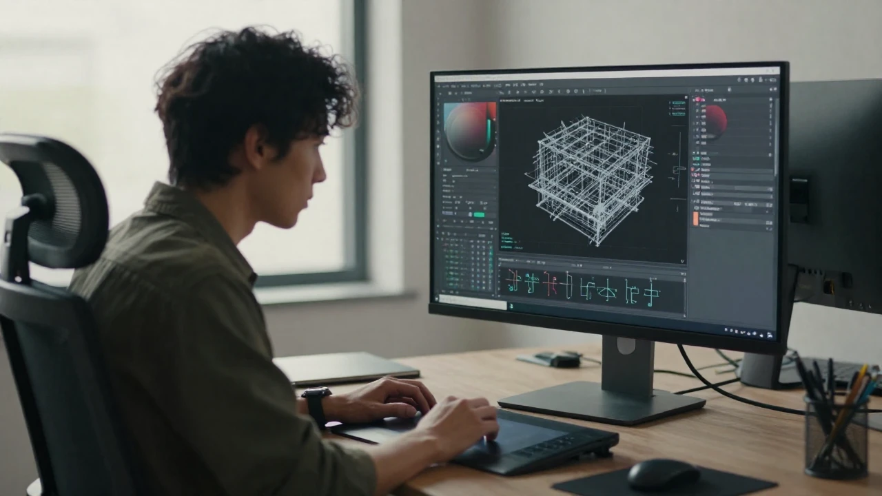 Artista digital concentrado trabajando con modelos 3D en un estudio luminoso.