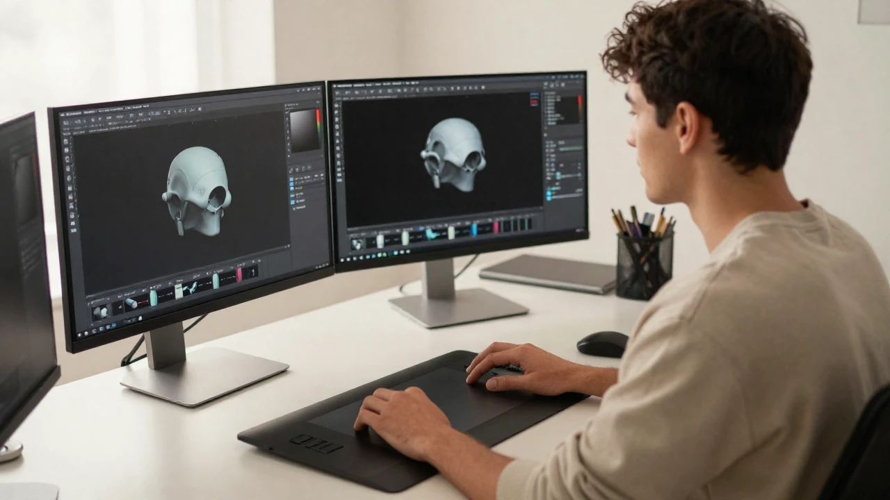 Joven artista digital trabaja en un estudio luminoso con múltiples pantallas y tableta gráfica.