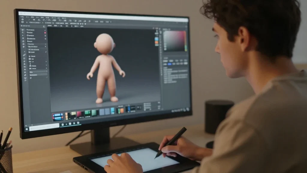 Artista digital trabajando en un modelo de personaje 3D con tableta gráfica.