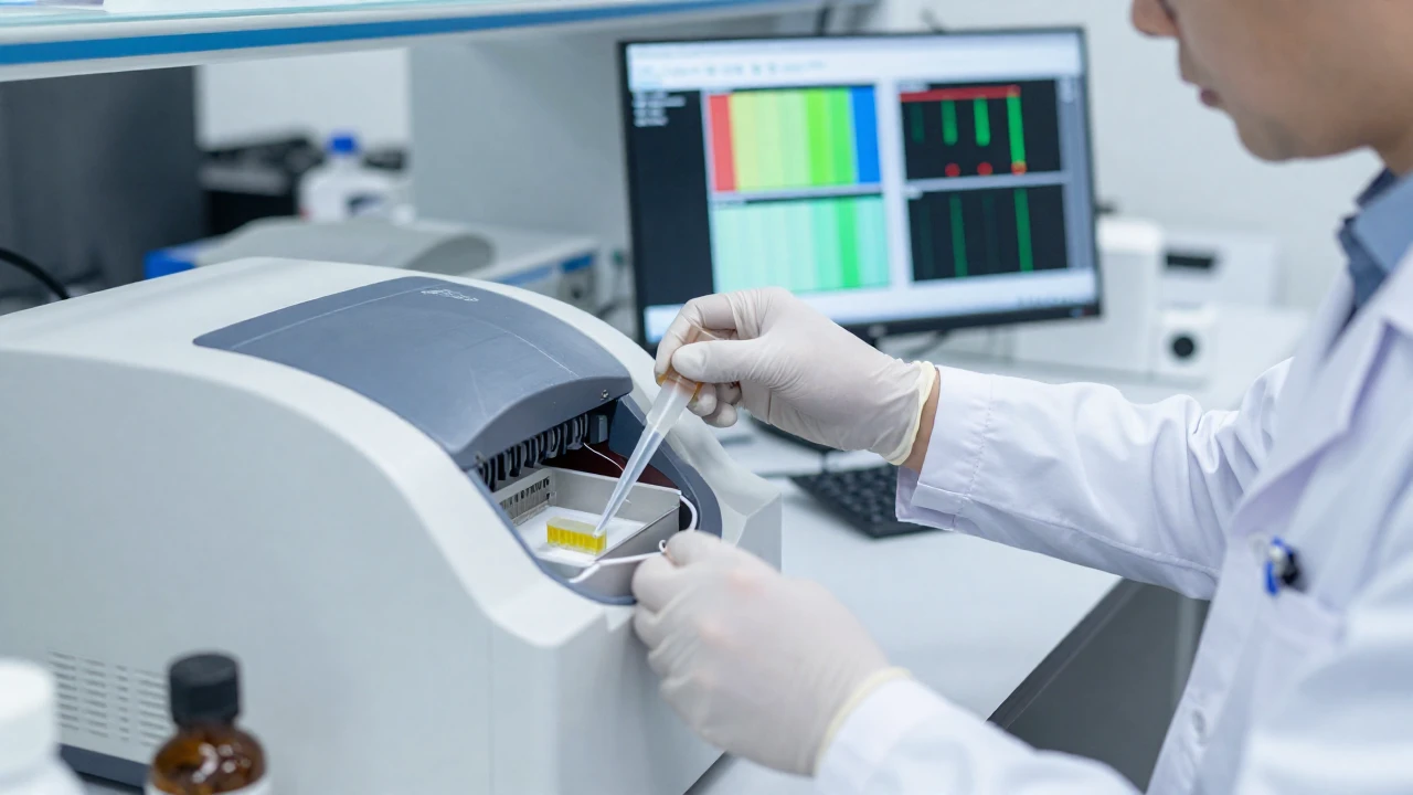 Científico realizando un análisis de PCR en un laboratorio de biología molecular.