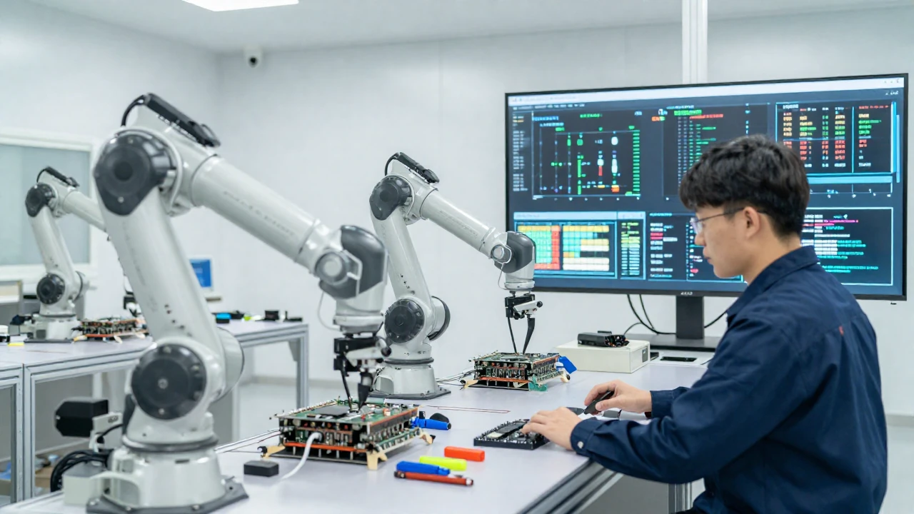 Robots industriales ensamblan componentes electrónicos bajo la supervisión de un ingeniero.