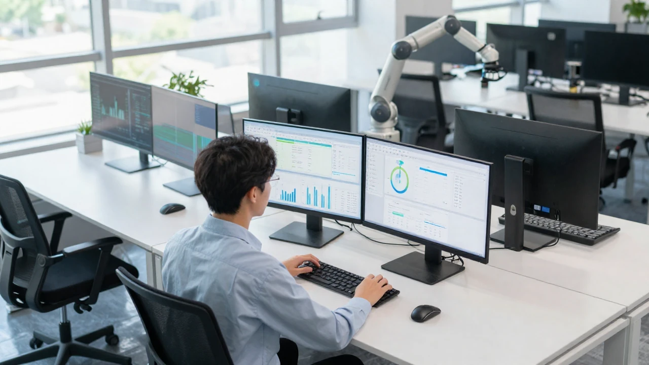 Científico de datos trabajando en un moderno espacio de oficina con ayuda robótica.
