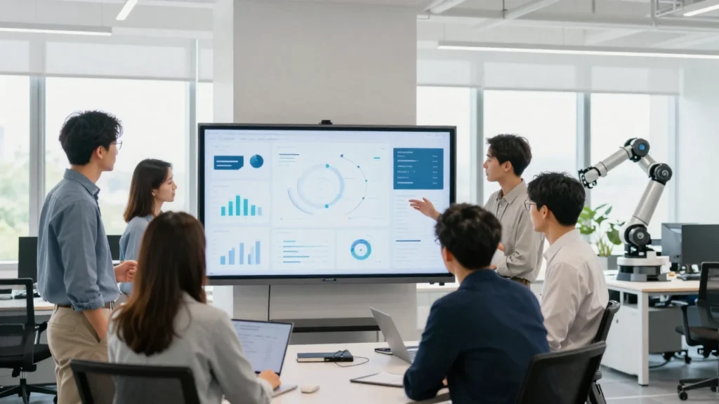 Equipo diverso colabora frente a una pantalla táctil con visualizaciones de datos en una oficina moderna.