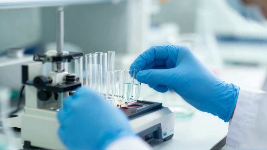 Manos con guantes azules manipulan un dispositivo microfluídico y viales con líquido transparente en un laboratorio.