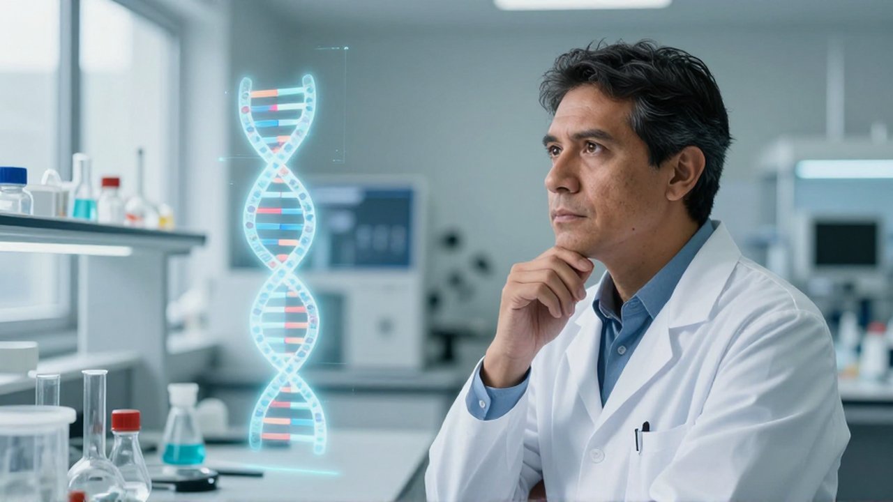 Científico con bata blanca observa una representación holográfica de una cadena de ADN en un laboratorio moderno.