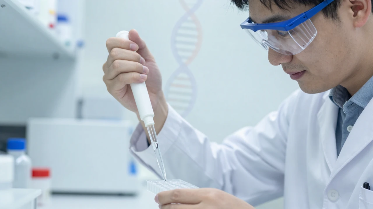 Biólogo molecular realizando una manipulación precisa en un laboratorio de investigación genética.