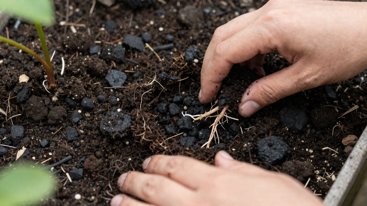 Biochar se mezcla con tierra fértil y raíces de plantas en un jardín.