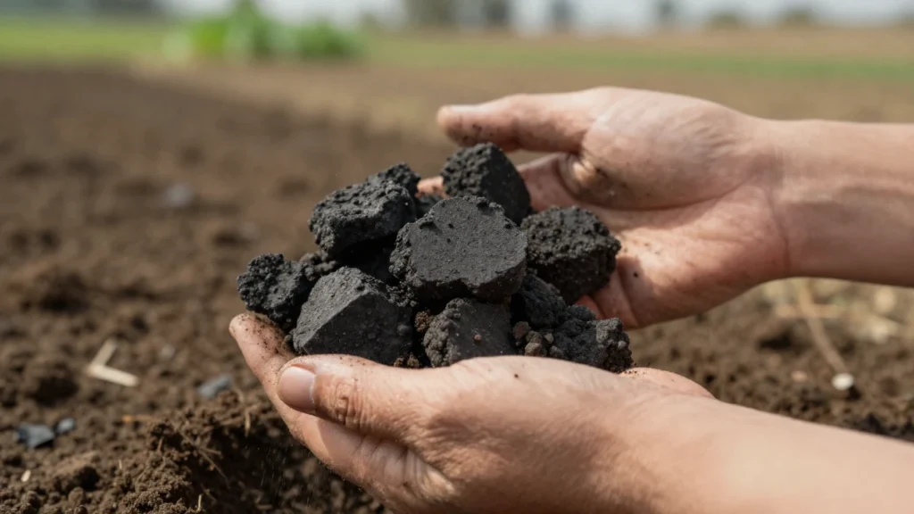 Un jardinero siembra biochar sobre tierra oscura en un campo agrícola.