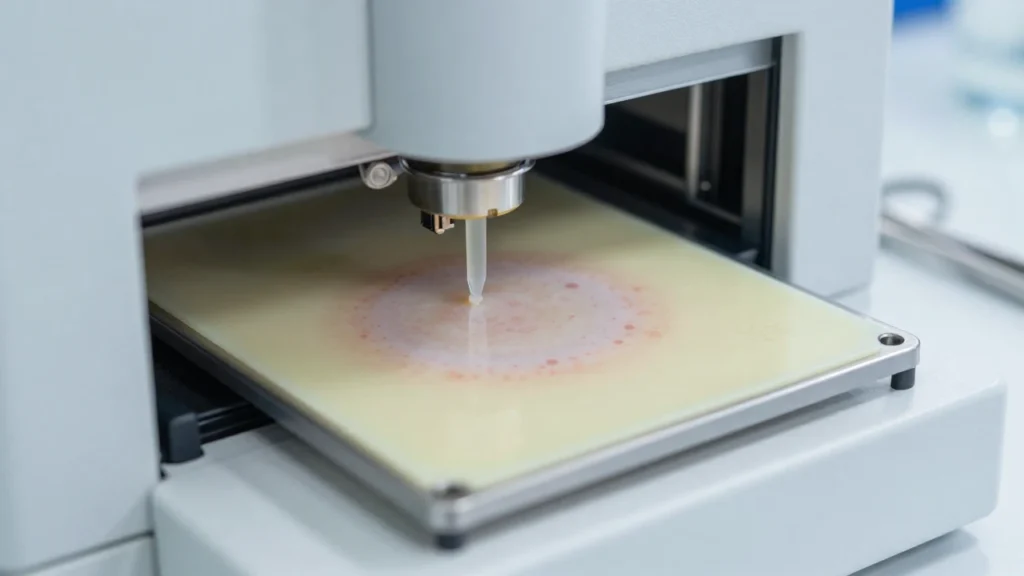 Bioimpresora depositando material celular en un entorno de laboratorio estéril.