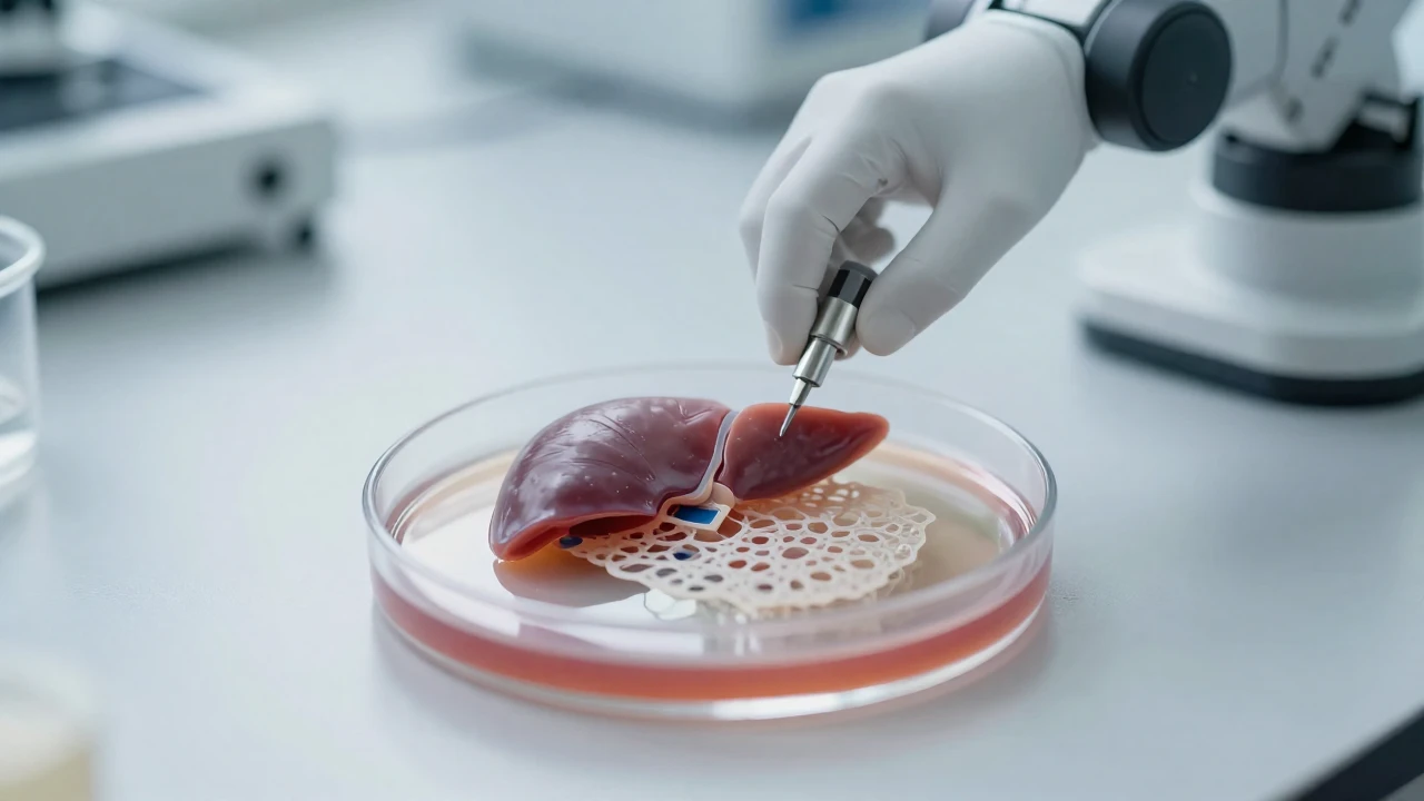 Tejido hepático humano bioimpreso en una placa de Petri, manipulado por un brazo robótico en laboratorio.