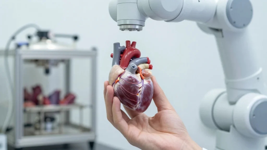 Un brazo robótico sostiene un andamio de corazón humano bioimpreso en un laboratorio.