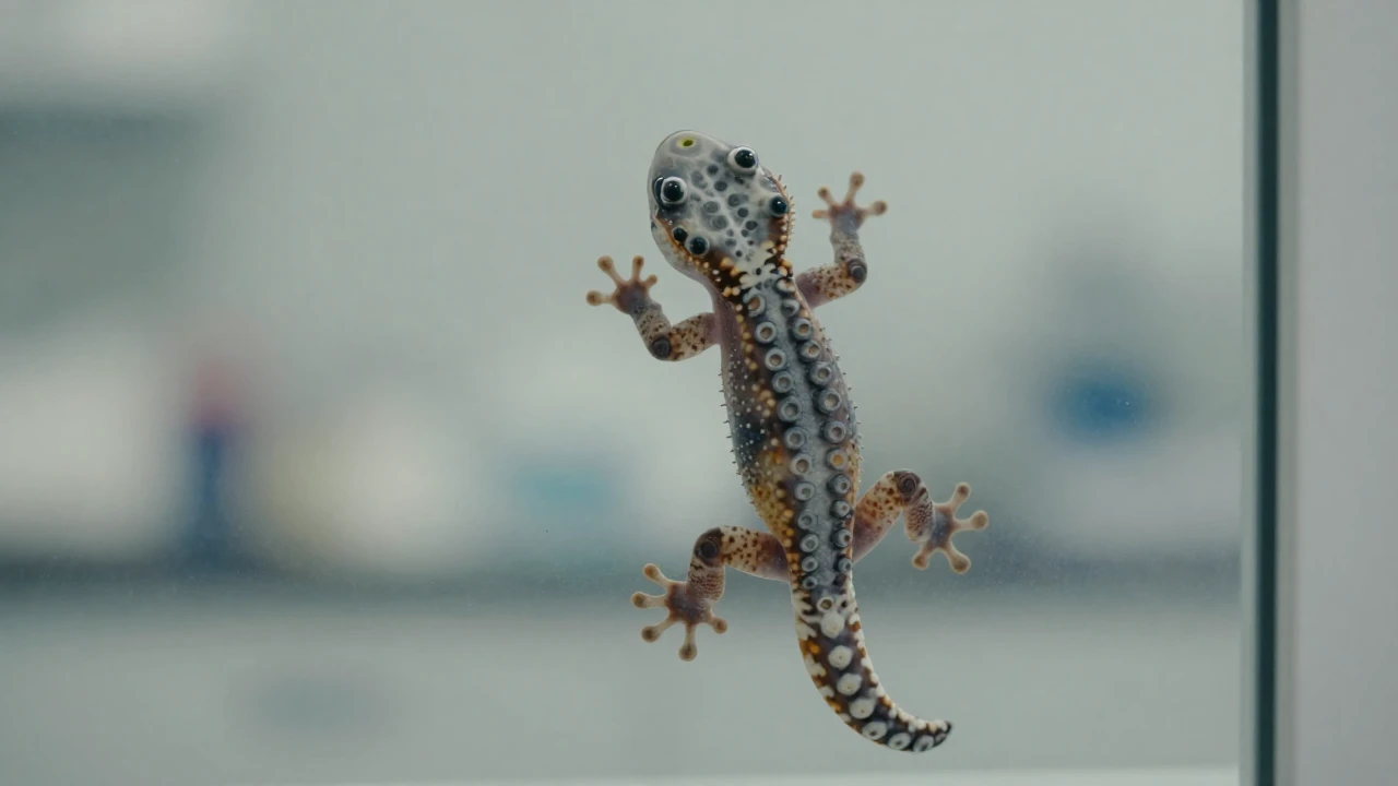 Robot biomimético con forma de gecko adherido a una superficie de vidrio en un laboratorio.