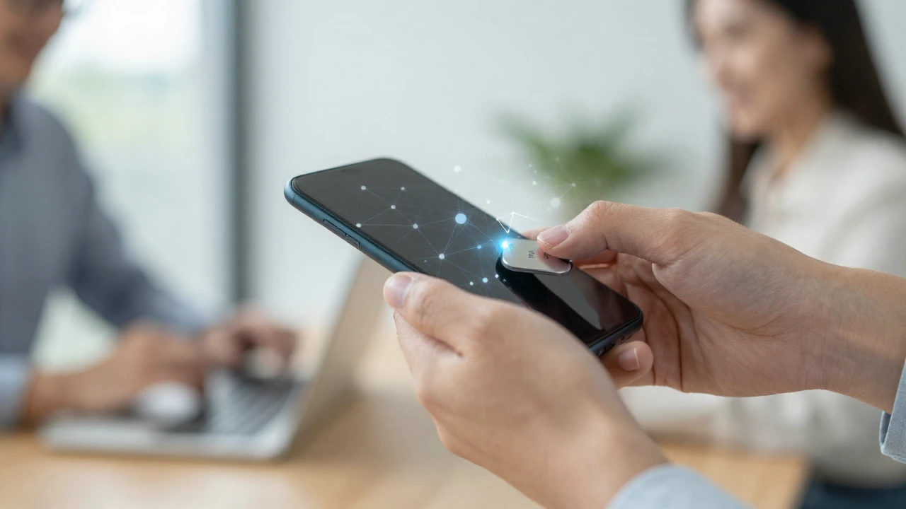 Intercambio seguro de un token digital a través de un teléfono inteligente en una oficina.