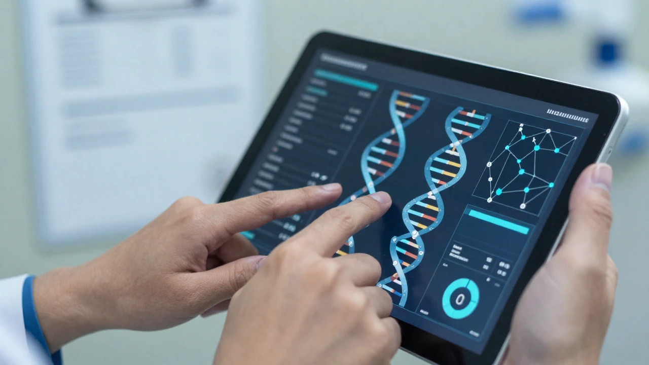 Un médico revisa datos genéticos y de seguridad en una tableta digital.
