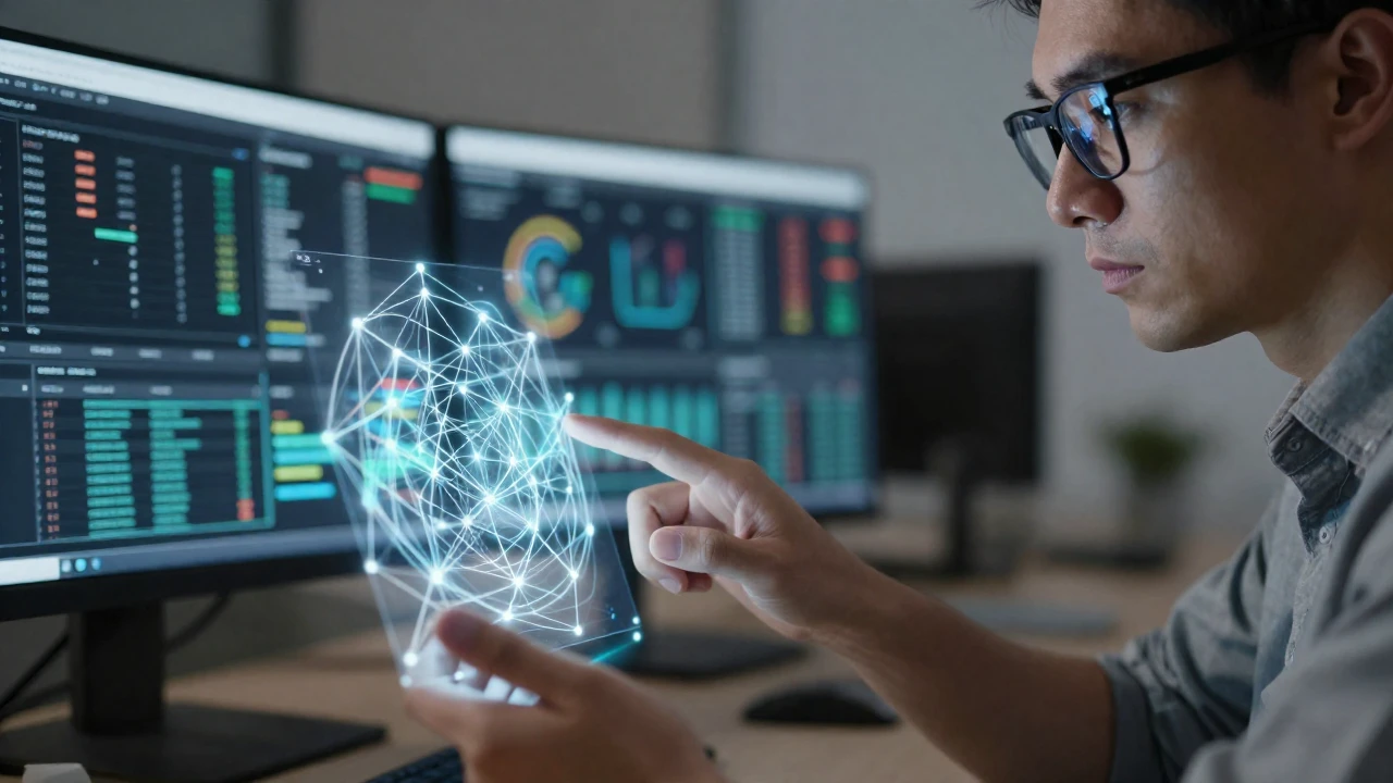 Un científico de datos interactúa con una visualización holográfica de una red blockchain.