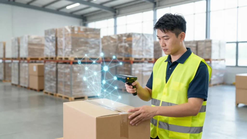 Trabajador escanea un paquete en un almacén logístico moderno con tecnología blockchain.