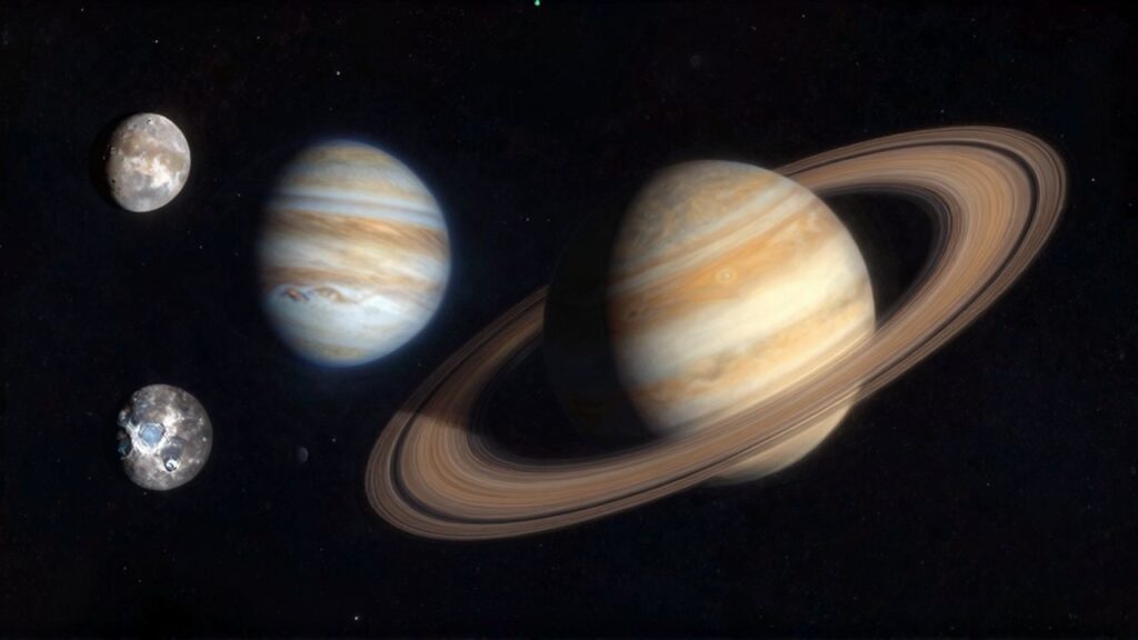 Júpiter con sus bandas atmosféricas y la Gran Mancha Roja junto a Saturno y sus anillos rodeados de lunas.