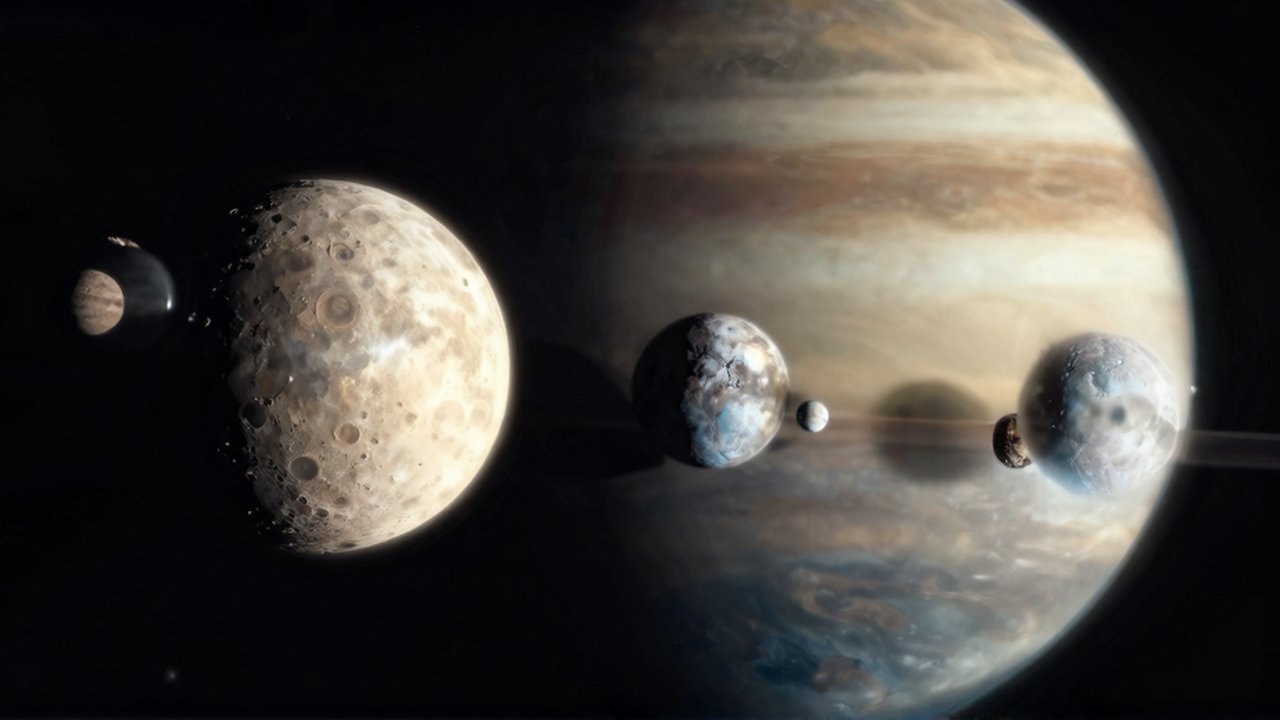 Diversas lunas de distintas texturas orbitan un planeta gaseoso en el espacio profundo.