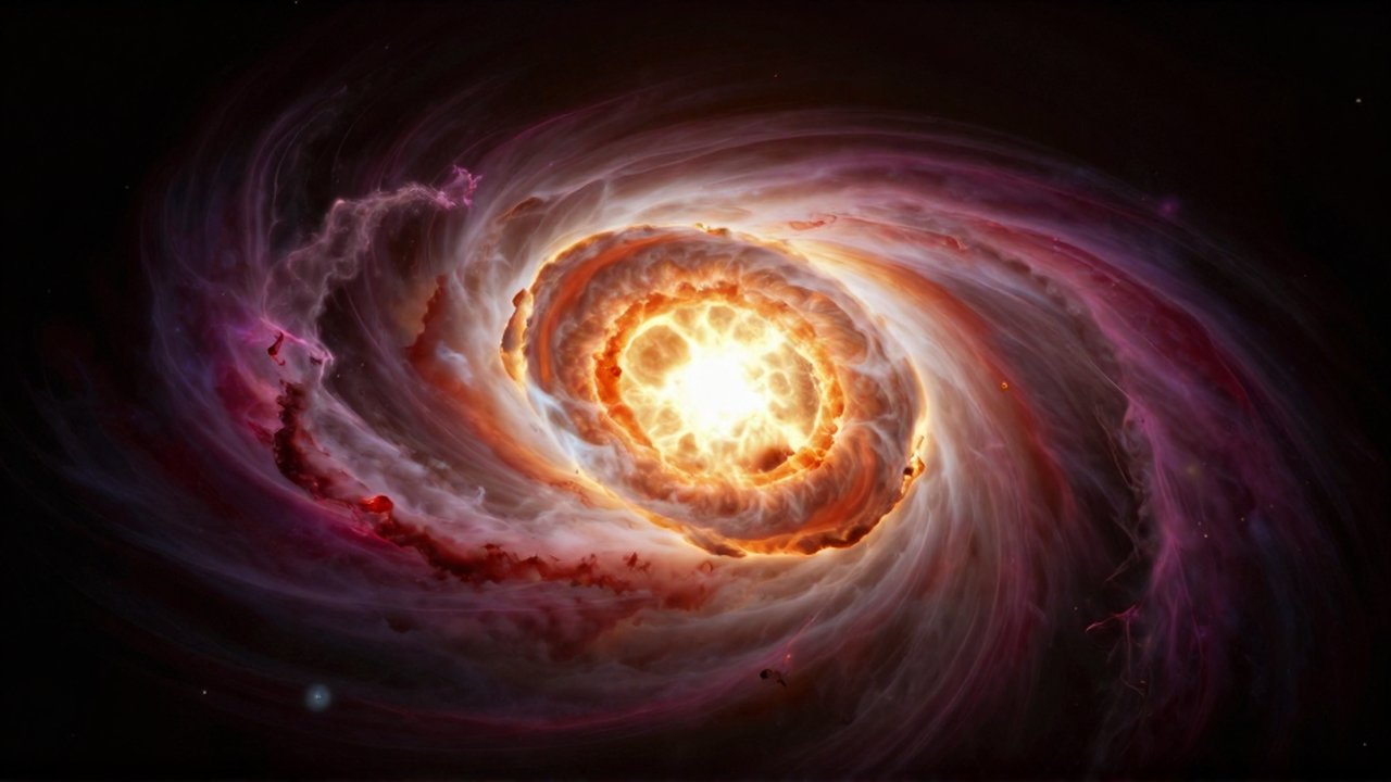 Sección transversal de una estrella masiva con un núcleo brillante y capas concéntricas de distintos colores.