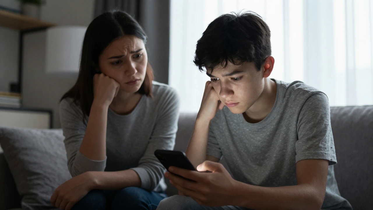 Una madre observa con preocupación a su hijo adolescente, absorto en su teléfono.