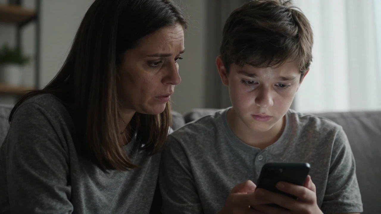 Una madre observa con preocupación a su hijo que mira su teléfono con tristeza.
