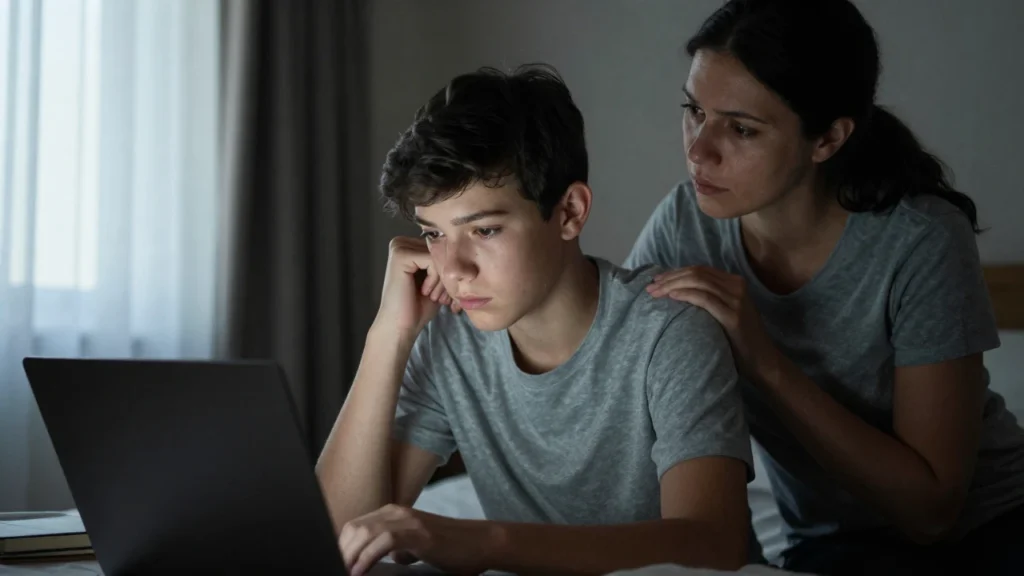 Un adolescente con el rostro iluminado por una laptop recibe el apoyo de su madre.