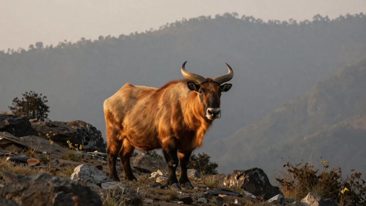 Un takín se alza sobre una pendiente rocosa en el Himalaya, rodeado de montañas brumosas.