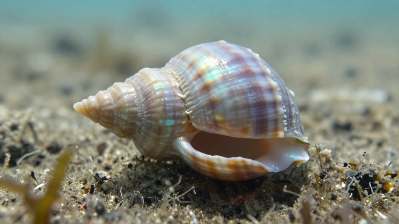 Caracol marino iridiscente sobre roca, con algas y luz filtrada en el océano Pacífico.