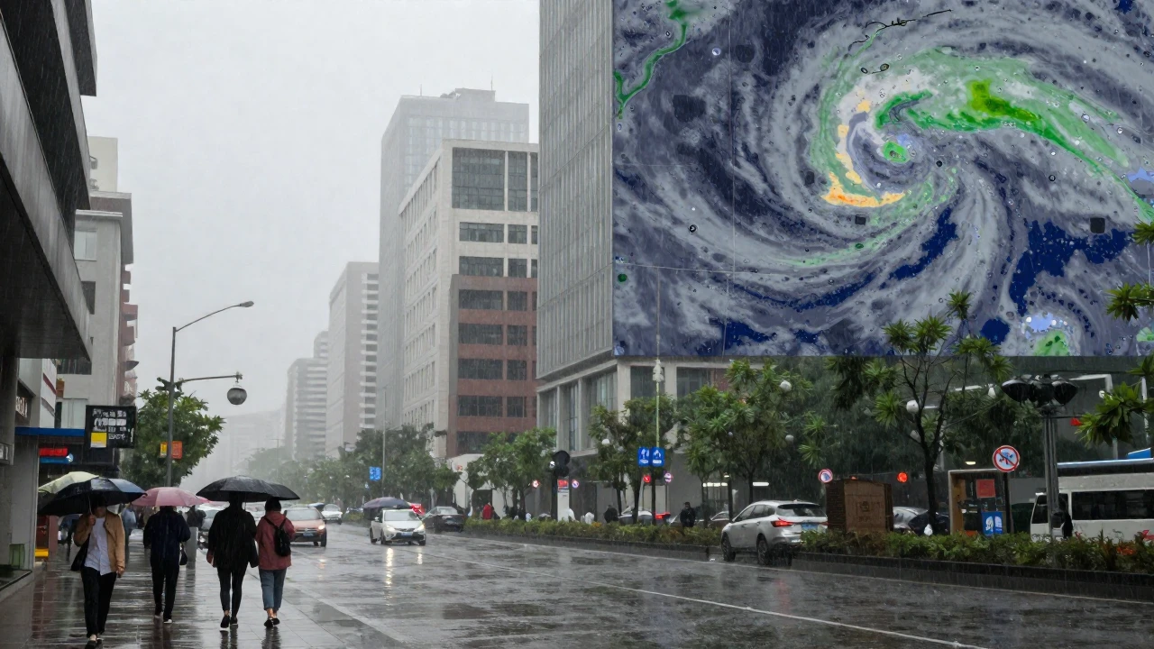 Lluvia en una ciudad con gente bajo paraguas y un mapa meteorológico de fondo.