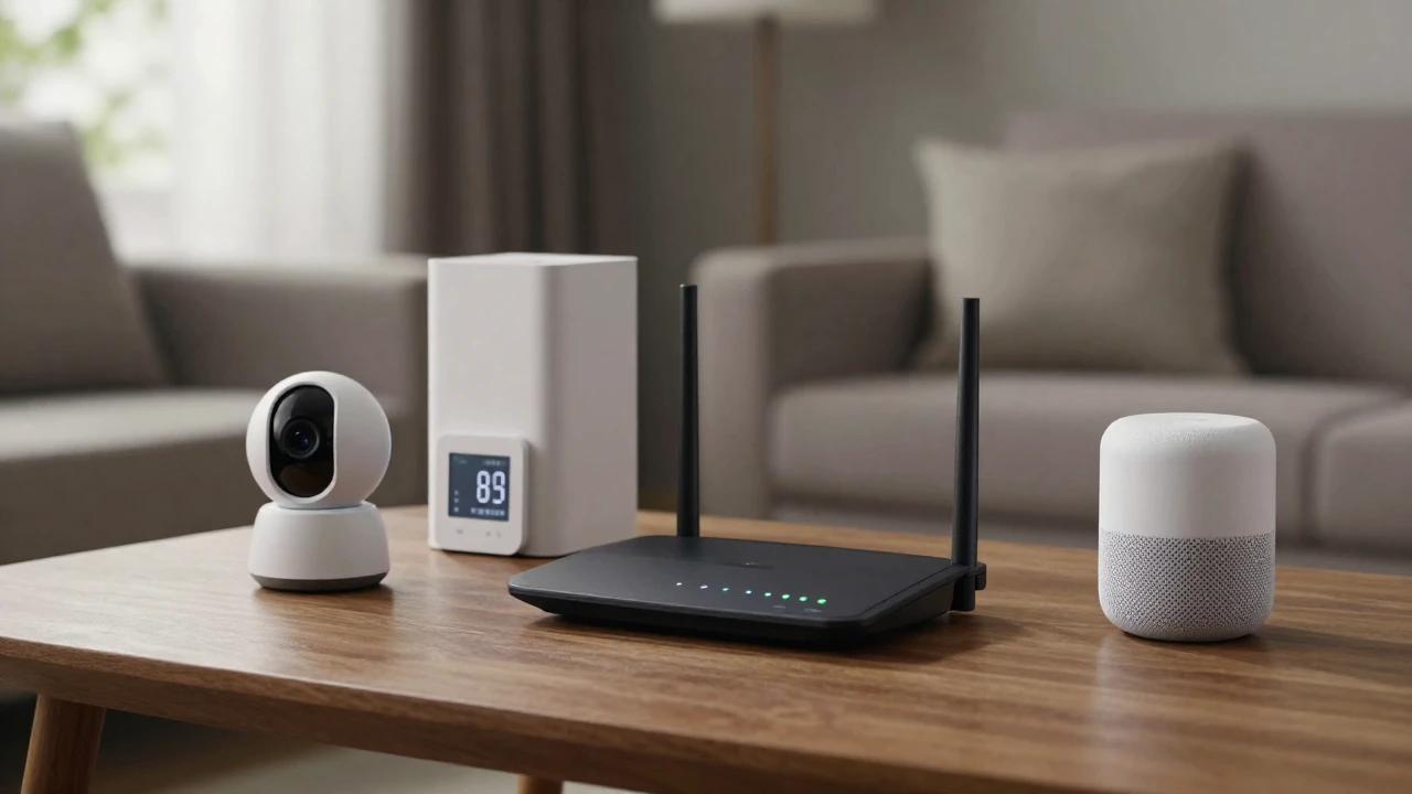 Router doméstico con dispositivos inteligentes conectados en un salón tenuemente iluminado.
