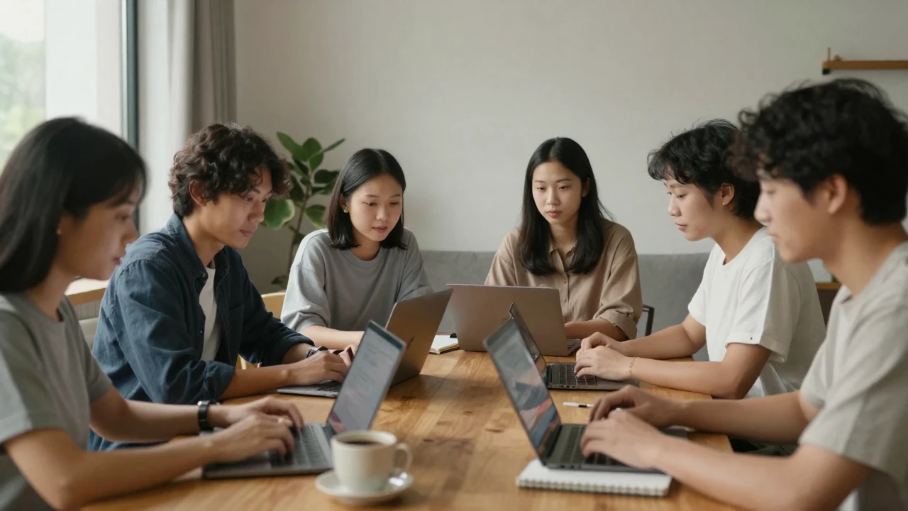 Grupo de personas colaborando en una discusión online con dispositivos electrónicos en un salón.