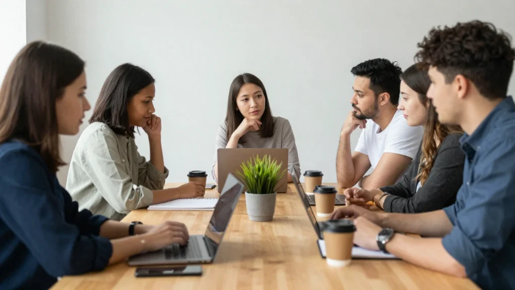 Grupo diverso de personas colabora en un espacio de coworking con ordenadores y café.