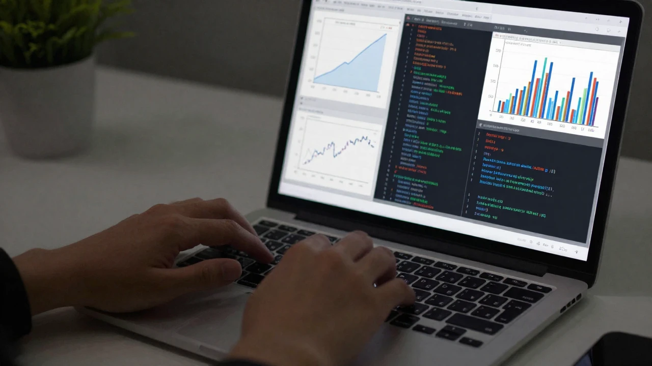 Manos escribiendo código Python con gráficos de datos visualizados en una laptop.