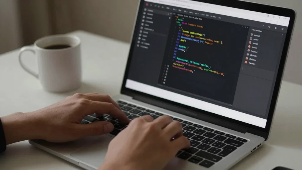 Unas manos escriben código Python con visualizaciones en un portátil en un escritorio ordenado.