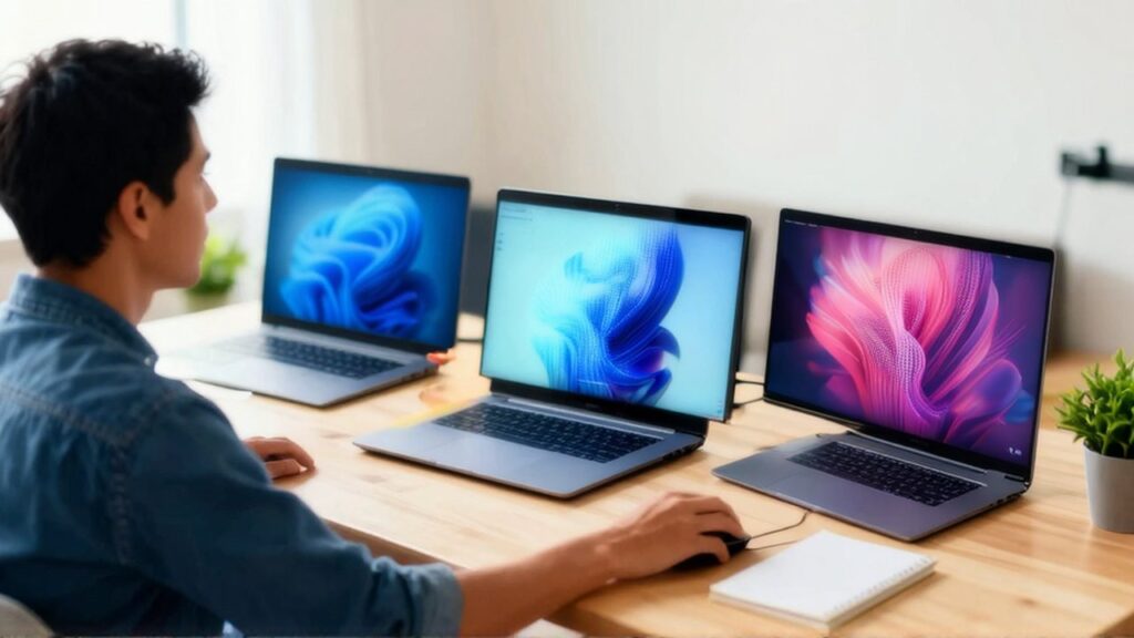 Una persona sentada frente a tres portátiles con interfaces coloridas en un escritorio de madera.