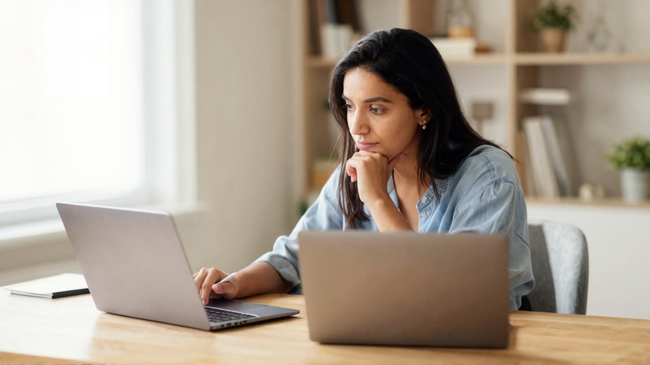 Una mujer joven compara dos laptops sobre un escritorio de madera en una oficina luminosa.