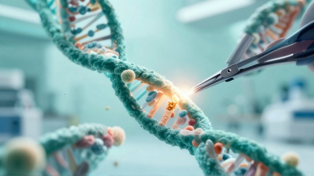 Unas tijeras moleculares brillantes modifican una estructura de doble hélice de ADN en un entorno de laboratorio.