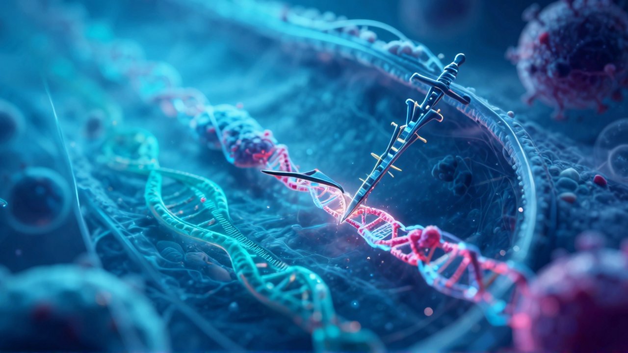 Un bacteriófago interactúa con una membrana celular rodeado de hebras de ADN con destellos bioluminiscentes.