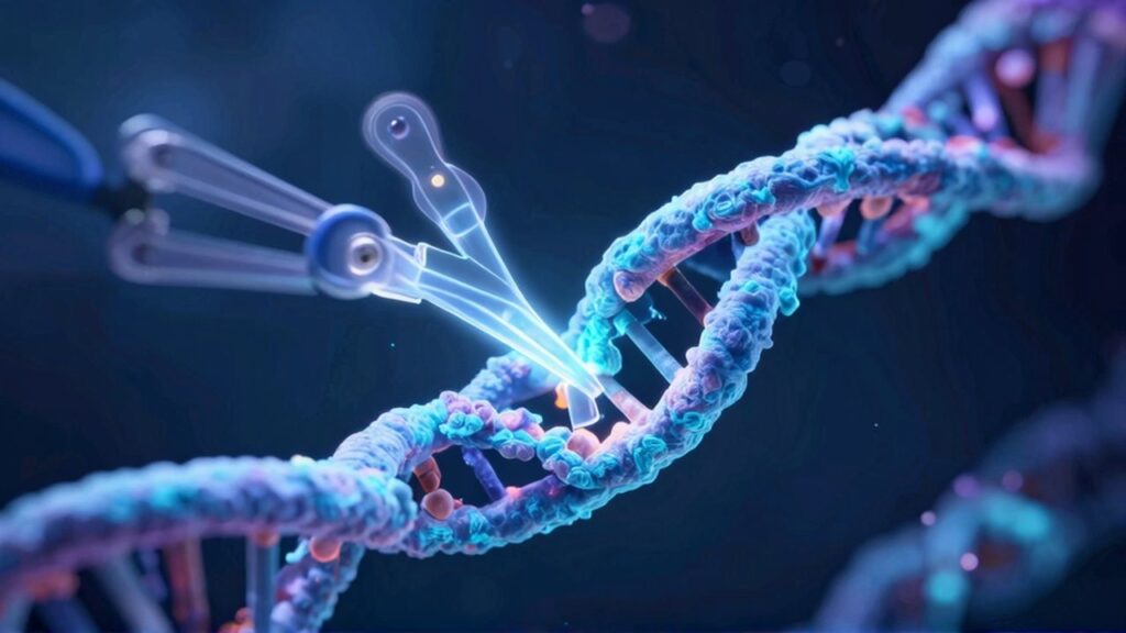 Estructuras moleculares brillantes interactúan con una doble hélice de ADN en un entorno oscuro.