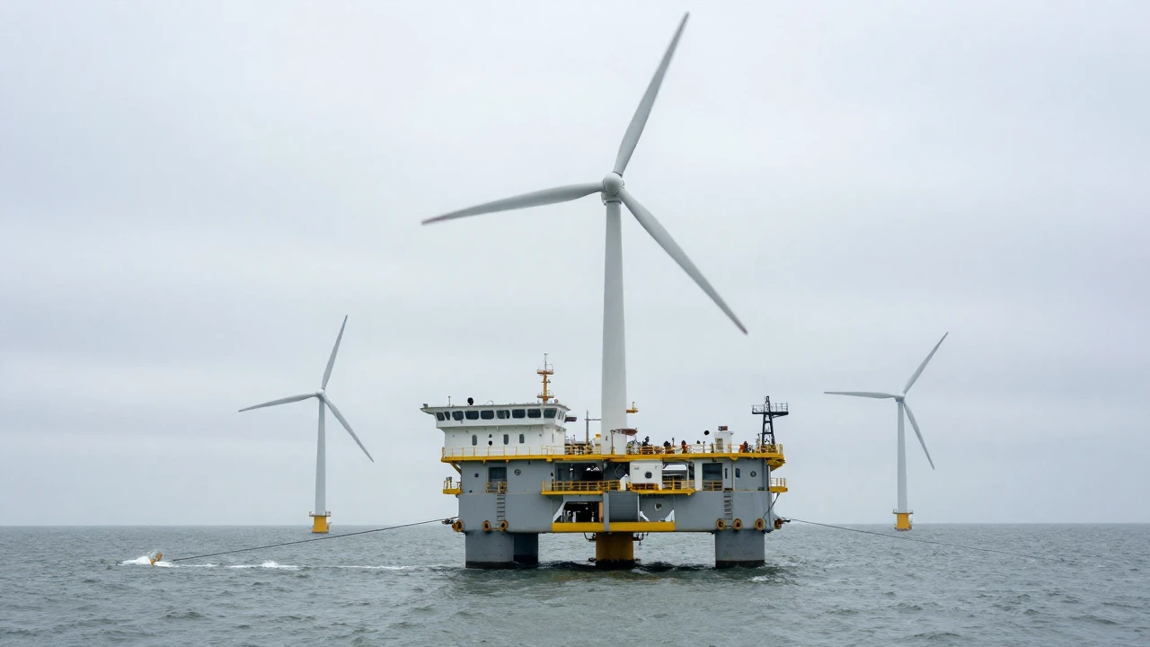 Plataforma flotante con tres aerogeneradores eólicos en mar calmo y nublado.